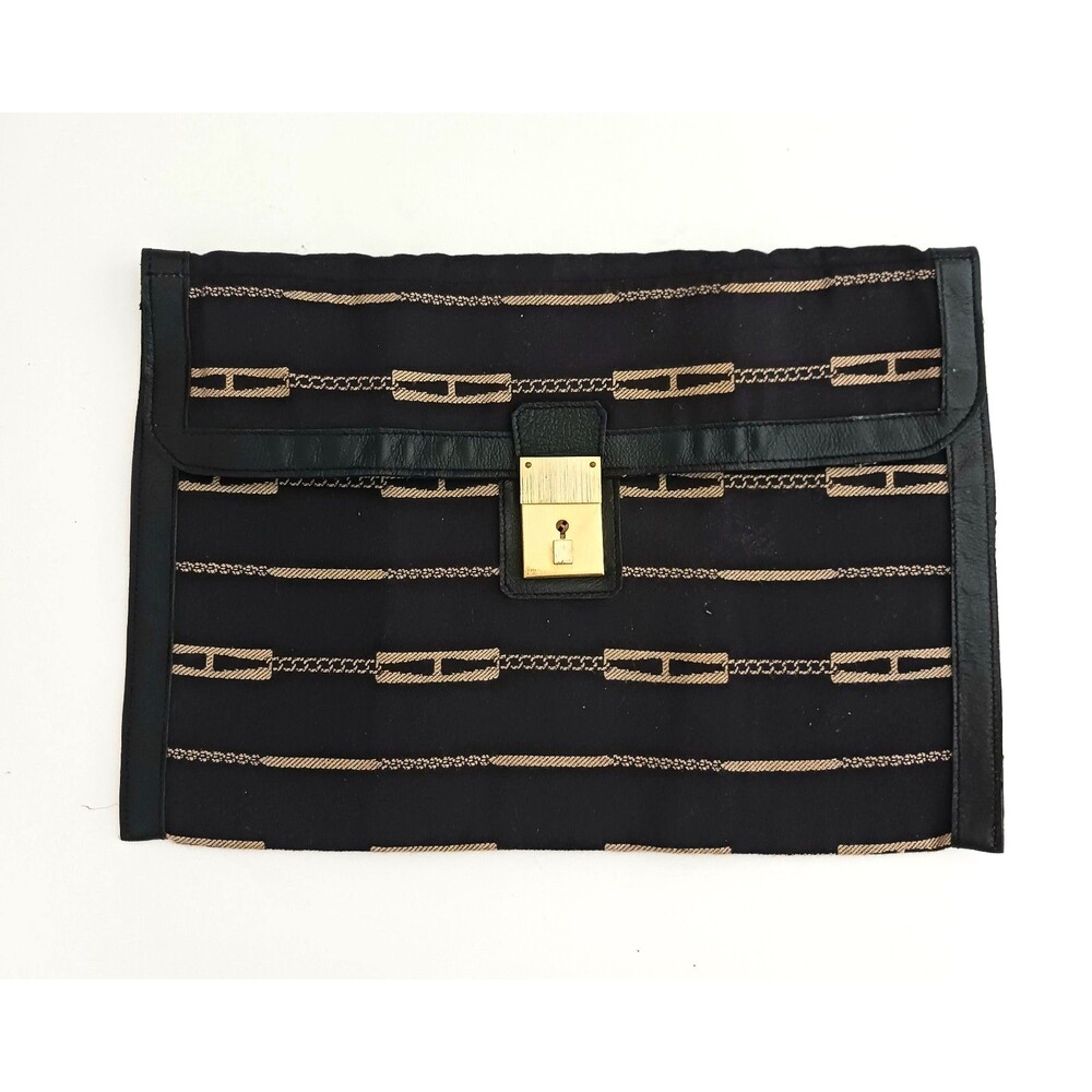 VTG Leo Isba France Lg Pouch Bag Blk/Gold Woven Textile Gold Lock Leather Trim